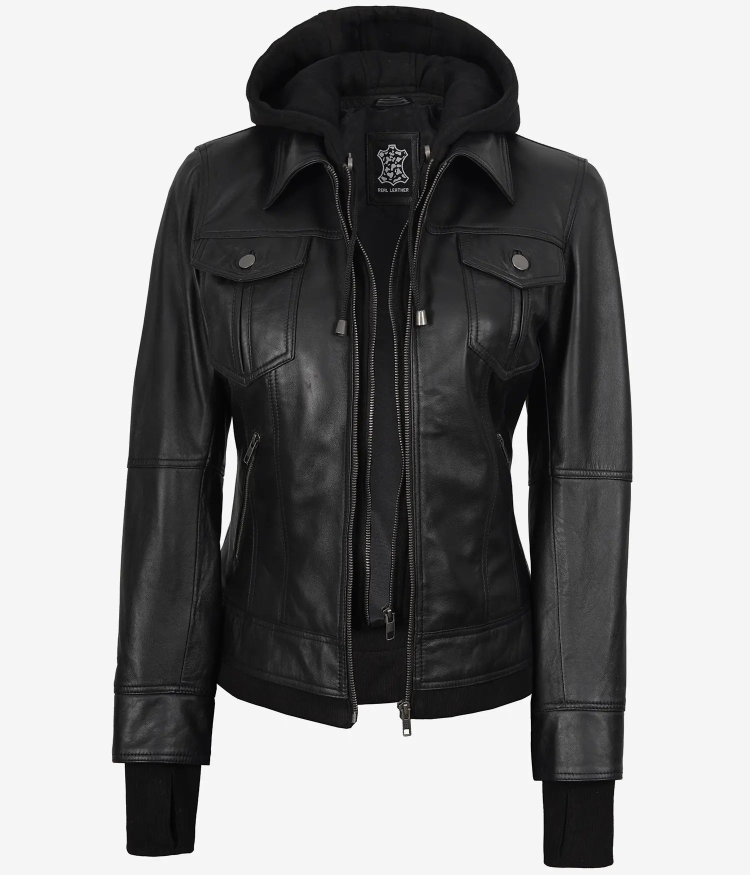 The Celeste: Womens Black Bomber Leather Jacket with Removable Hood