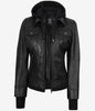 The Celeste: Womens Black Bomber Leather Jacket with Removable Hood