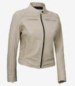 Womens Biker Racer Beige Leather Jacket