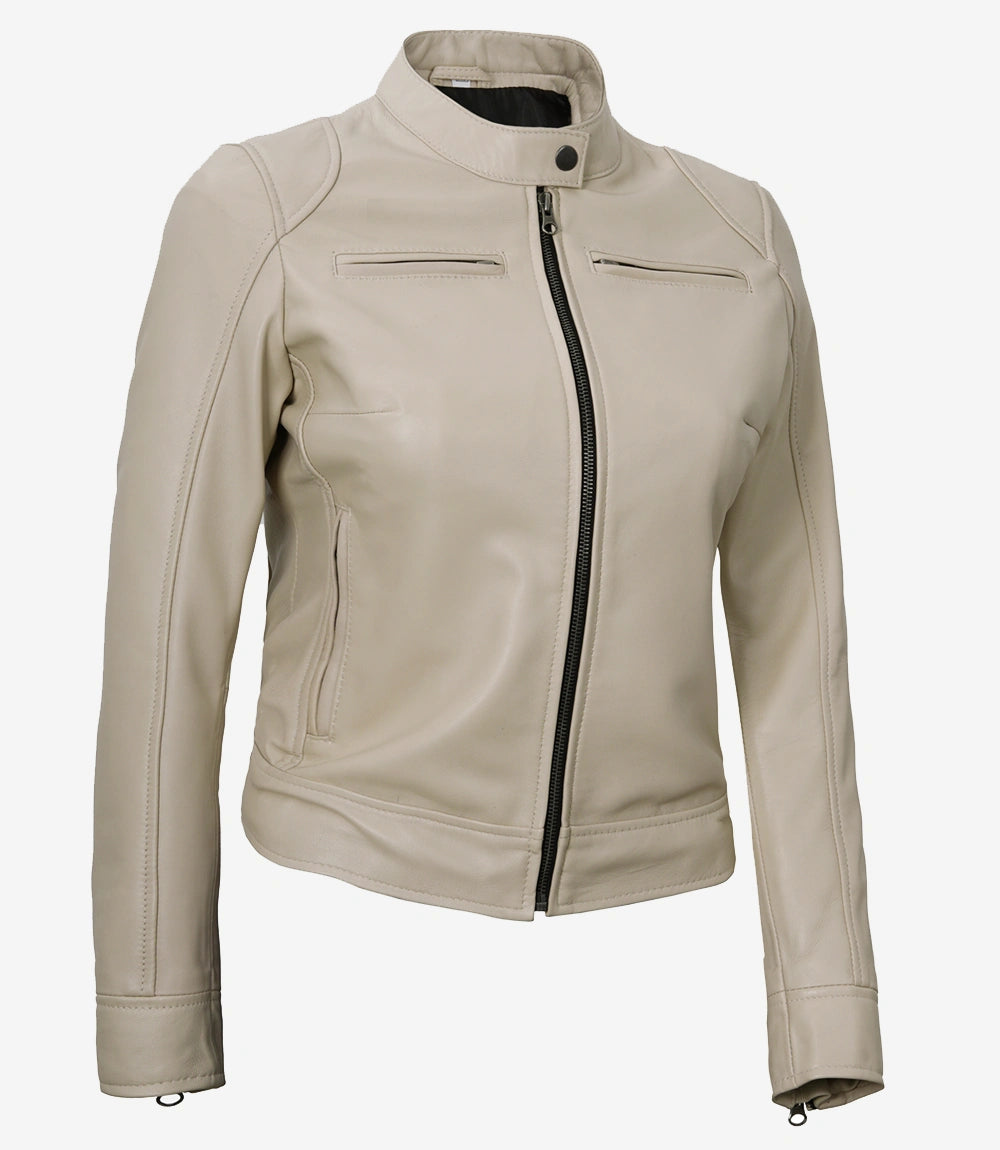 Womens Biker Racer Beige Leather Jacket