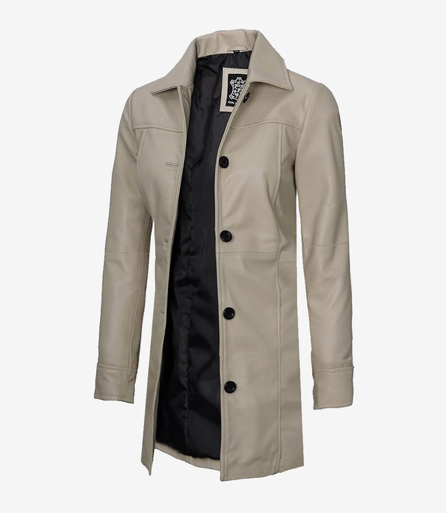 Womens Real Leather Beige Car Coat
