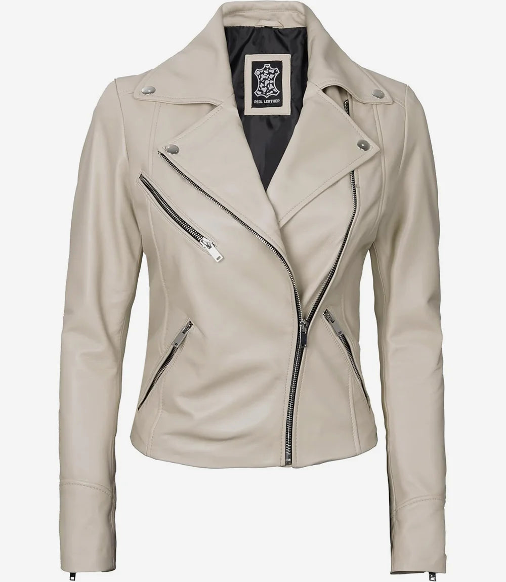 Womens Real Lambskin Leather Beige Moto Jacket