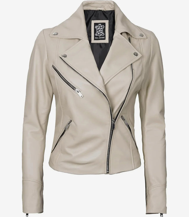 Womens Real Lambskin Leather Beige Moto Jacket