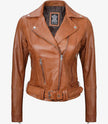 Womens Asymmetrical Belted Brown Leather Jacket