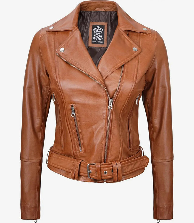 Womens Asymmetrical Belted Brown Leather Jacket