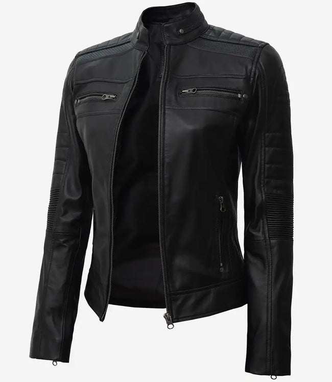 Womens Tall Black Leather Cafe Racer Jacket