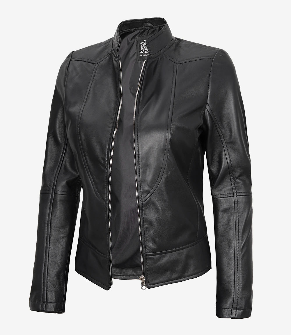 California Womens Black Leather Stand Up Collar Jacket
