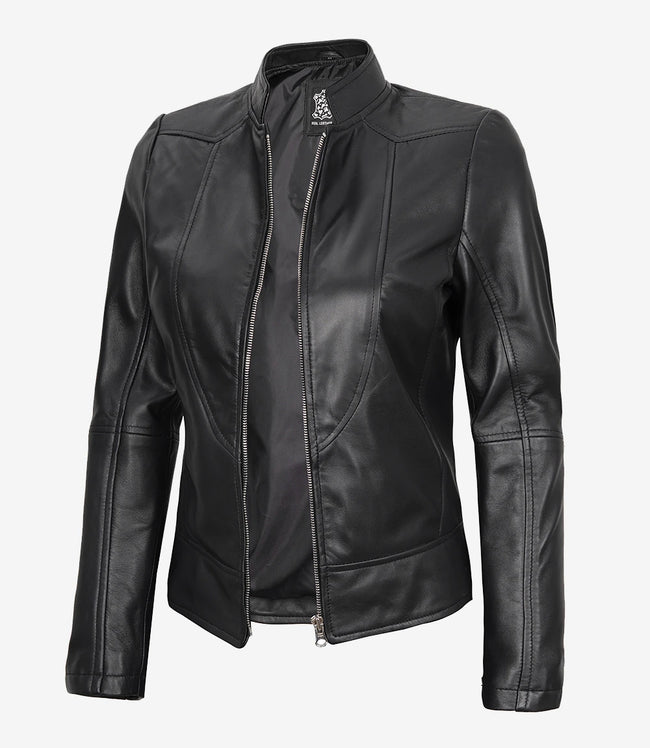 California Womens Black Leather Stand Up Collar Jacket