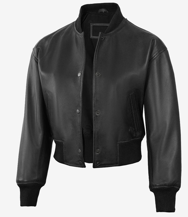 Womens Drop Shoulder Black Bomber Leather Jacket