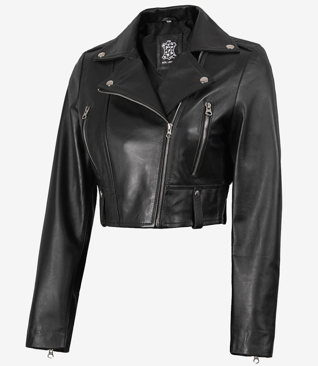 Womens Black Asymmetrical Cropped Leather Jacket