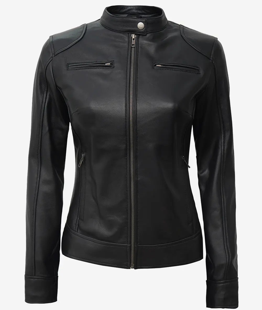 Women's Black Lambskin Leather Biker Style Jacket