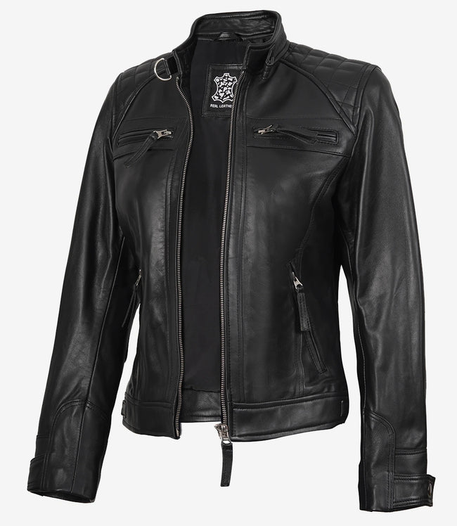 Womens Black Real Leather Motorcycle Jacket