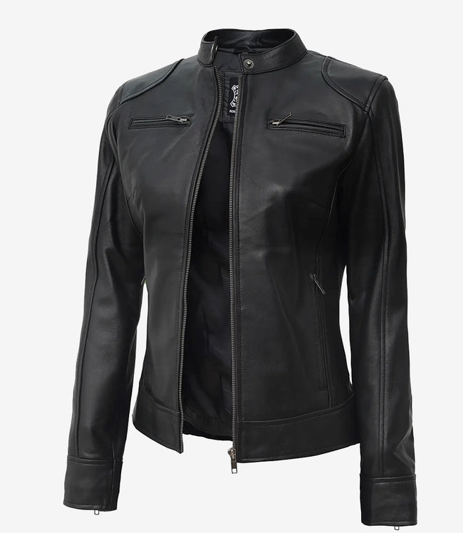 Womens Petite Black Leather Moto Jacket