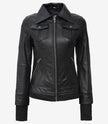 Womens Tall Black Bomber Hooded Leather Jacket