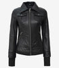 Womens Tall Black Bomber Hooded Leather Jacket