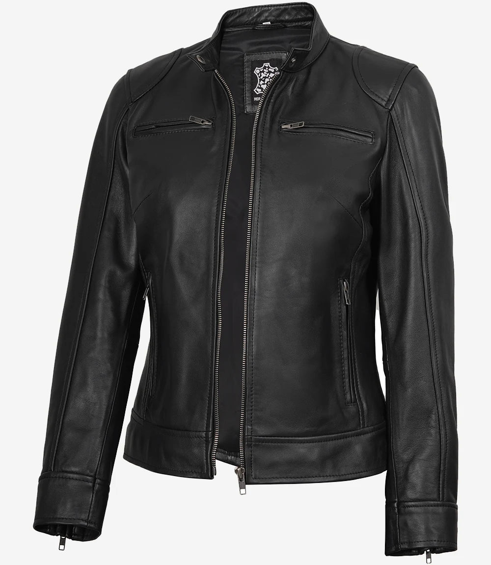 Womens Black Real Leather Moto Jacket