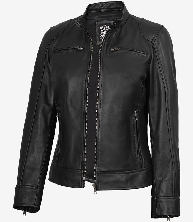 Womens Black Real Leather Moto Jacket