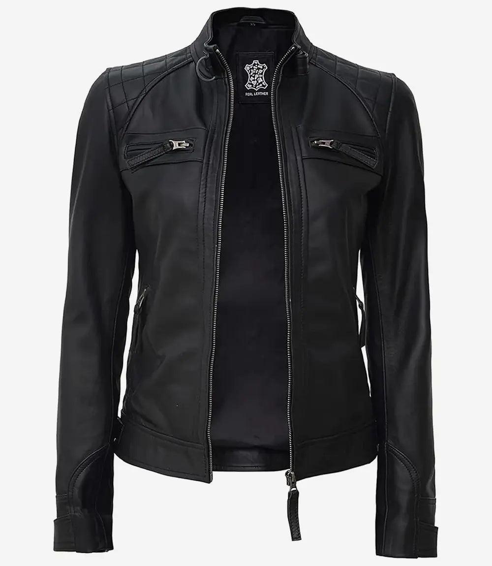 Womens Petite Black Leather Motorcycle Jacket