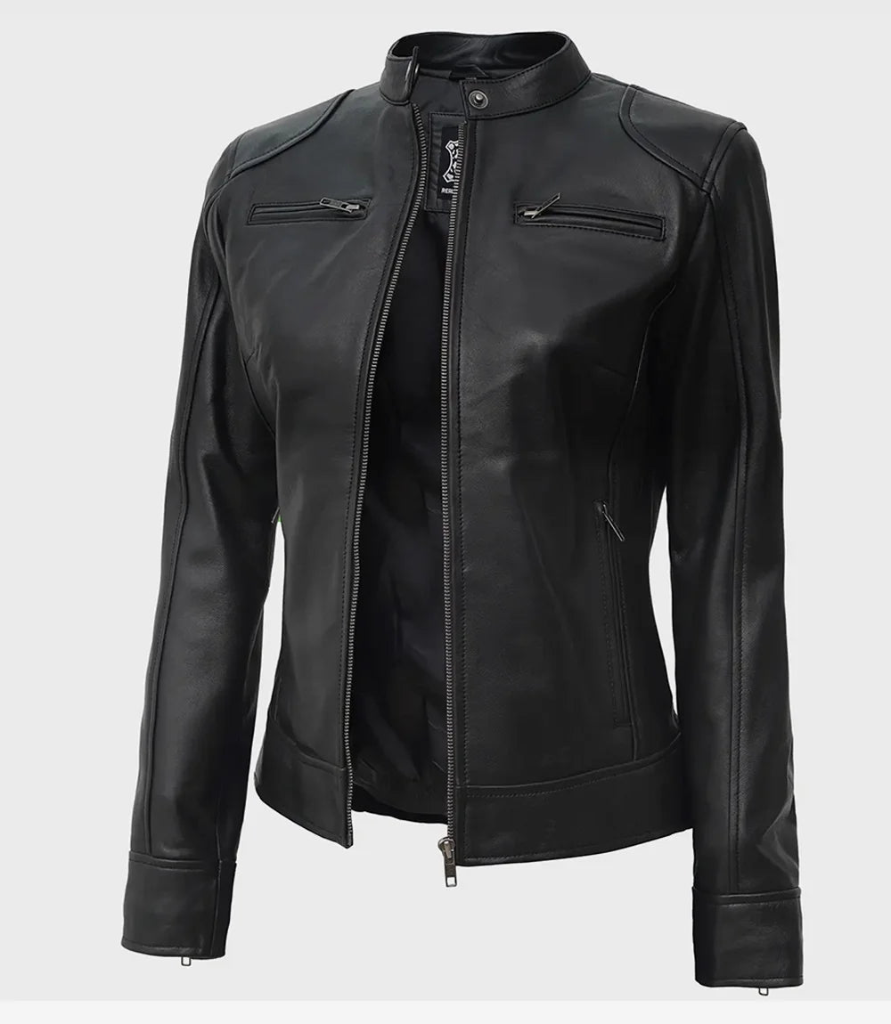 Womens Tall Black Leather Moto Jacket