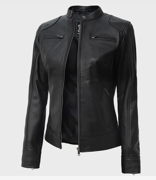 Womens Tall Black Leather Moto Jacket