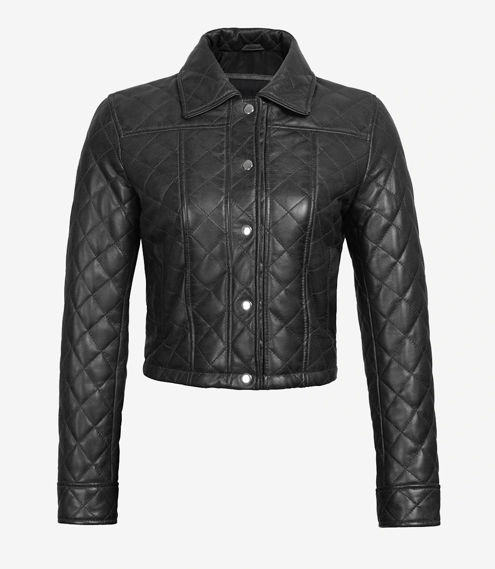 Womens Quilted Cropped Black Leather Jacket