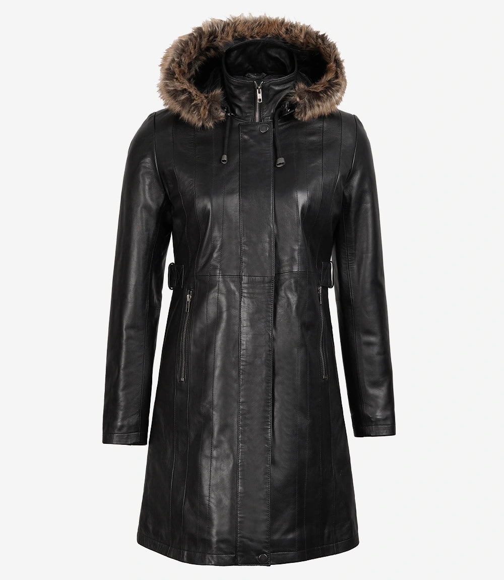 Womens Black Leather Coat With Fur Trim