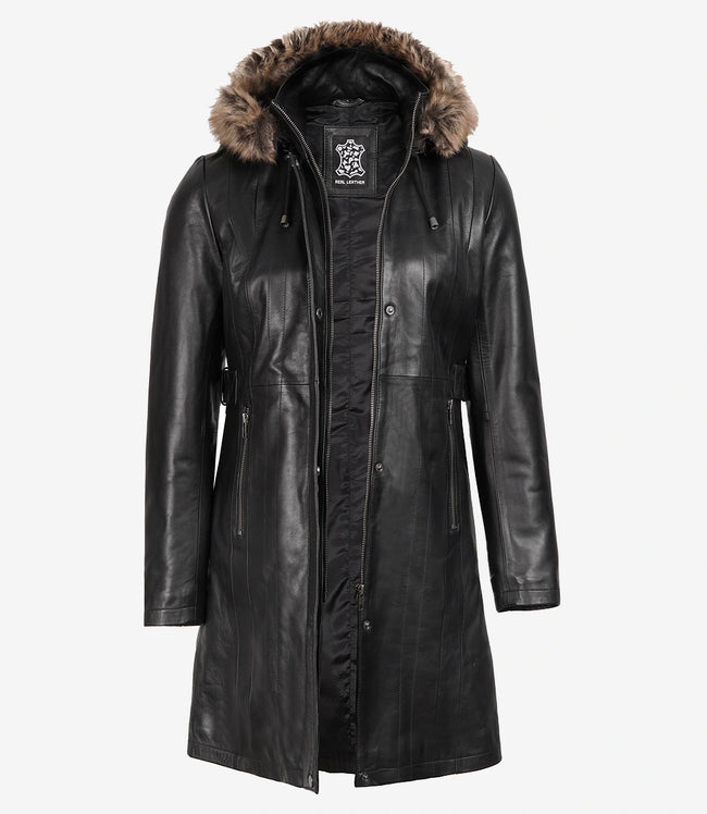 Womens Black Leather Coat With Fur Trim