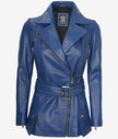 Womens Asymmetrical Blue Belted Moto Leather Jacket