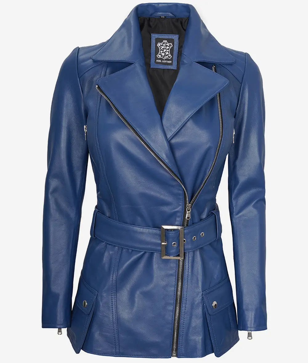 Womens Asymmetrical Blue Belted Moto Leather Jacket