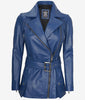 Womens Asymmetrical Blue Belted Moto Leather Jacket