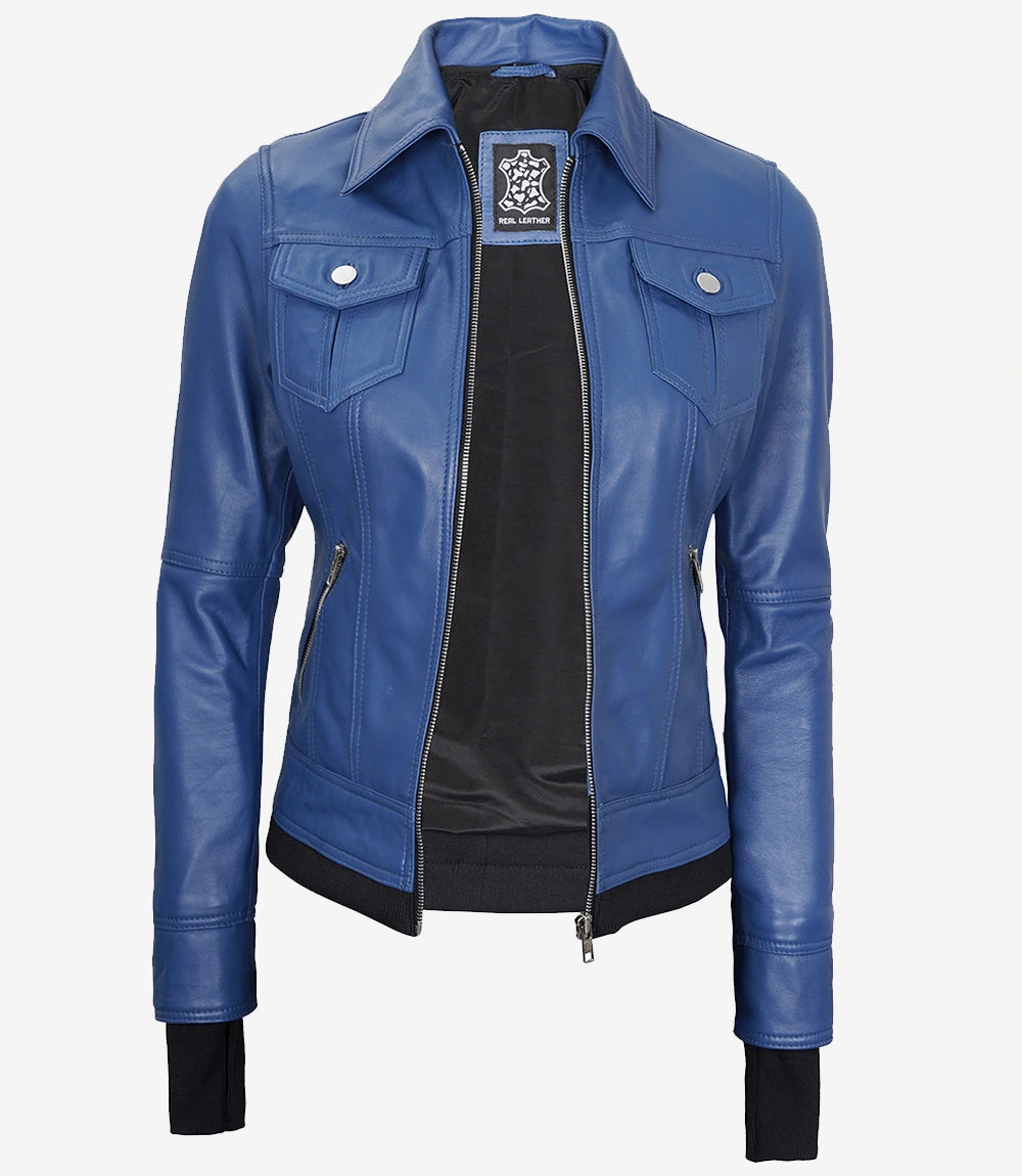 Womens Blue Bomber Jacket With Hood