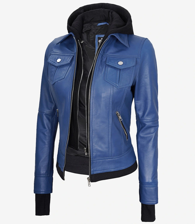 Womens Blue Bomber Jacket With Hood