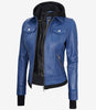 Womens Blue Bomber Jacket With Hood