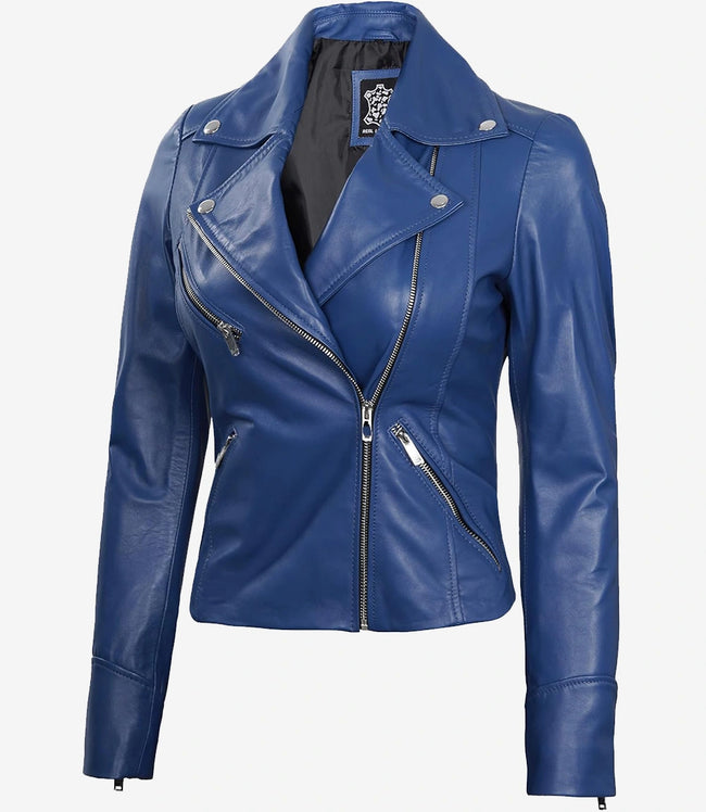 Womens Real Lambskin Leather Blue Moto Jacket