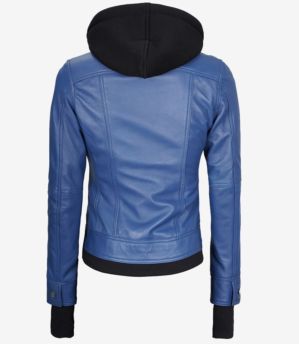Womens Blue Bomber Jacket With Hood