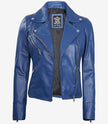 Womens Real Lambskin Leather Blue Moto Jacket