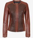 Womens Brown Textured Leather Biker Jacket