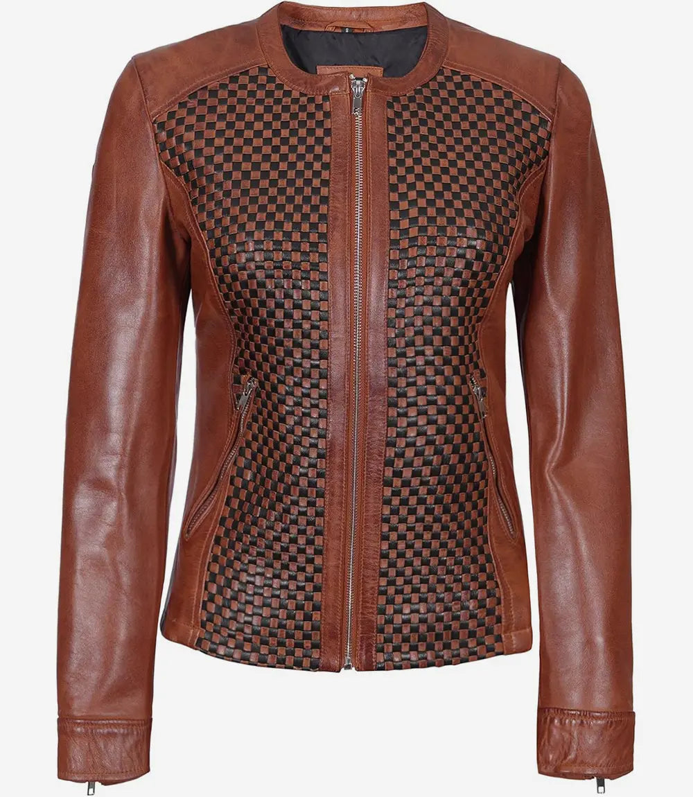 Womens Brown Textured Leather Biker Jacket