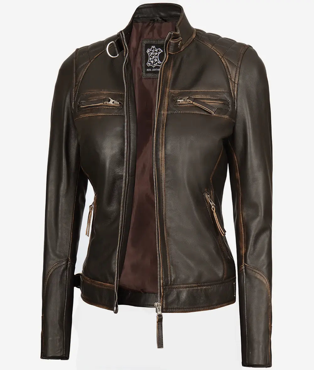 Womens Rub off Real Lambskin Leather Motorcycle Jacket