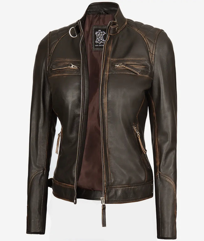 Womens Rub off Real Lambskin Leather Motorcycle Jacket