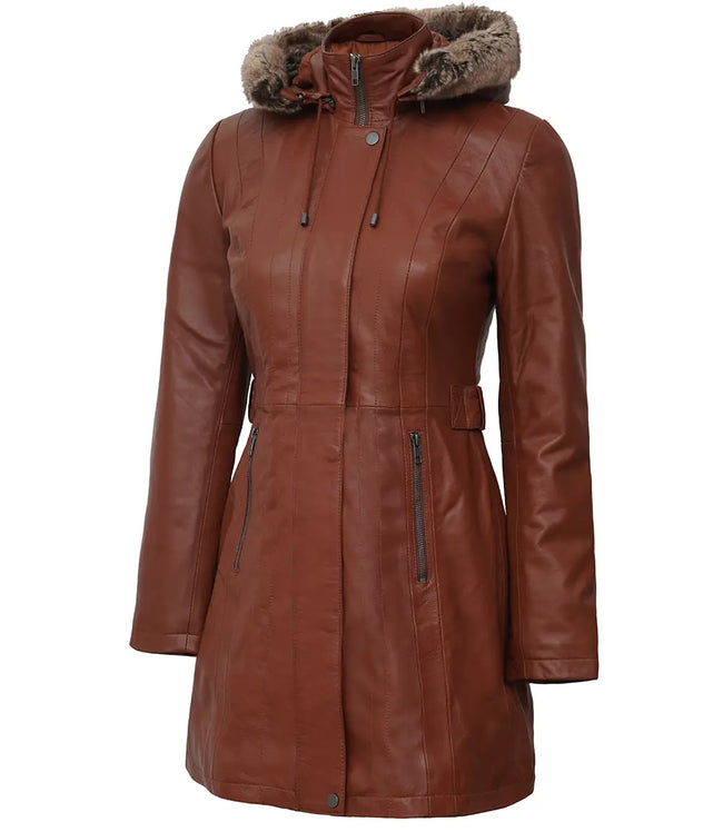 Womens Brown Leather Coat With Fur Hood