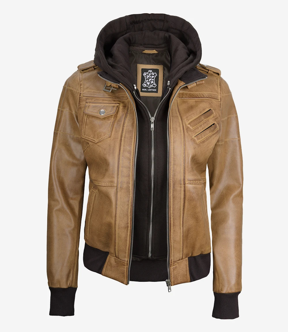 Womens Camel Brown Hooded Bomber Leather Jacket