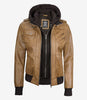 Womens Camel Brown Hooded Bomber Leather Jacket