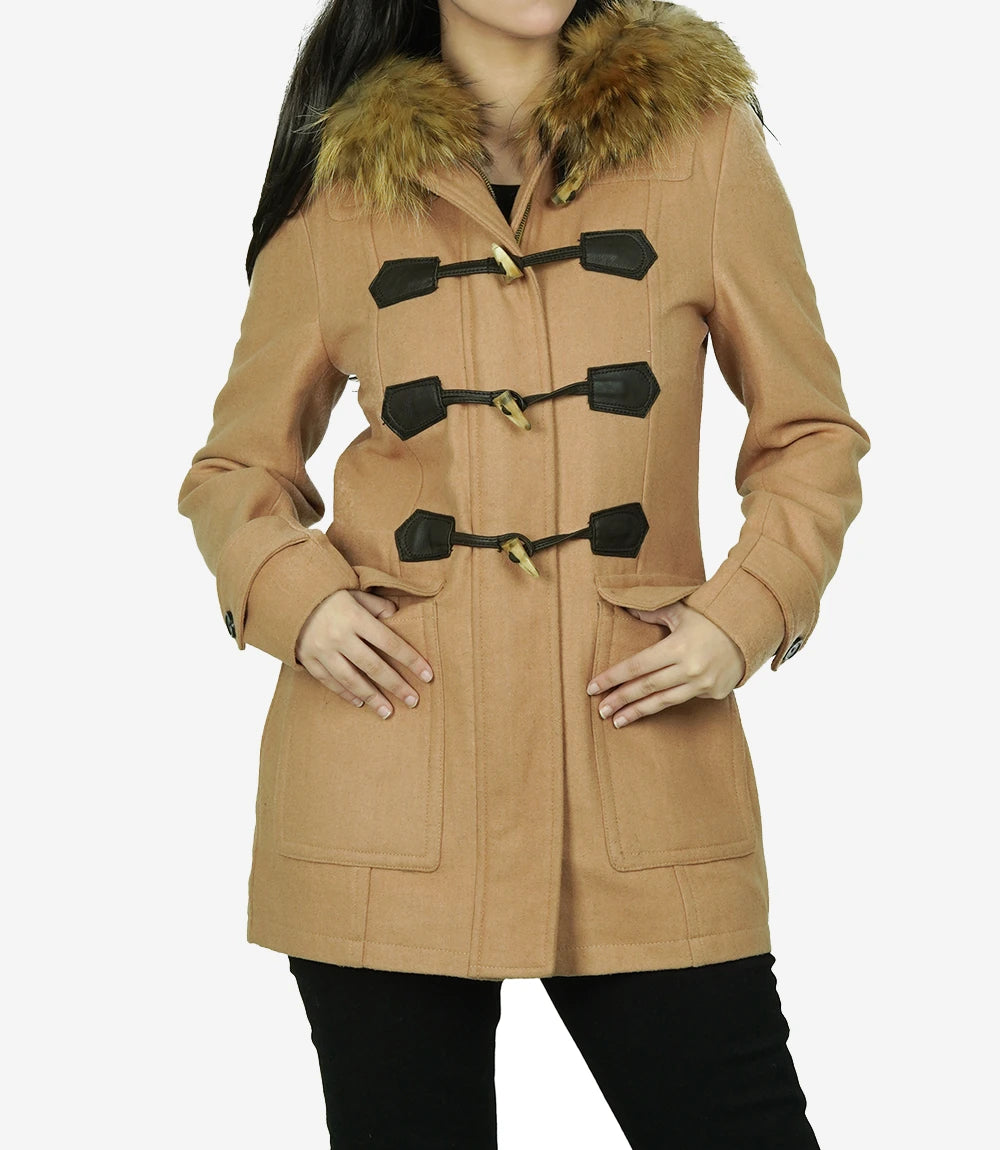 Womens Camel Wool Coat With Fur Trim Hood