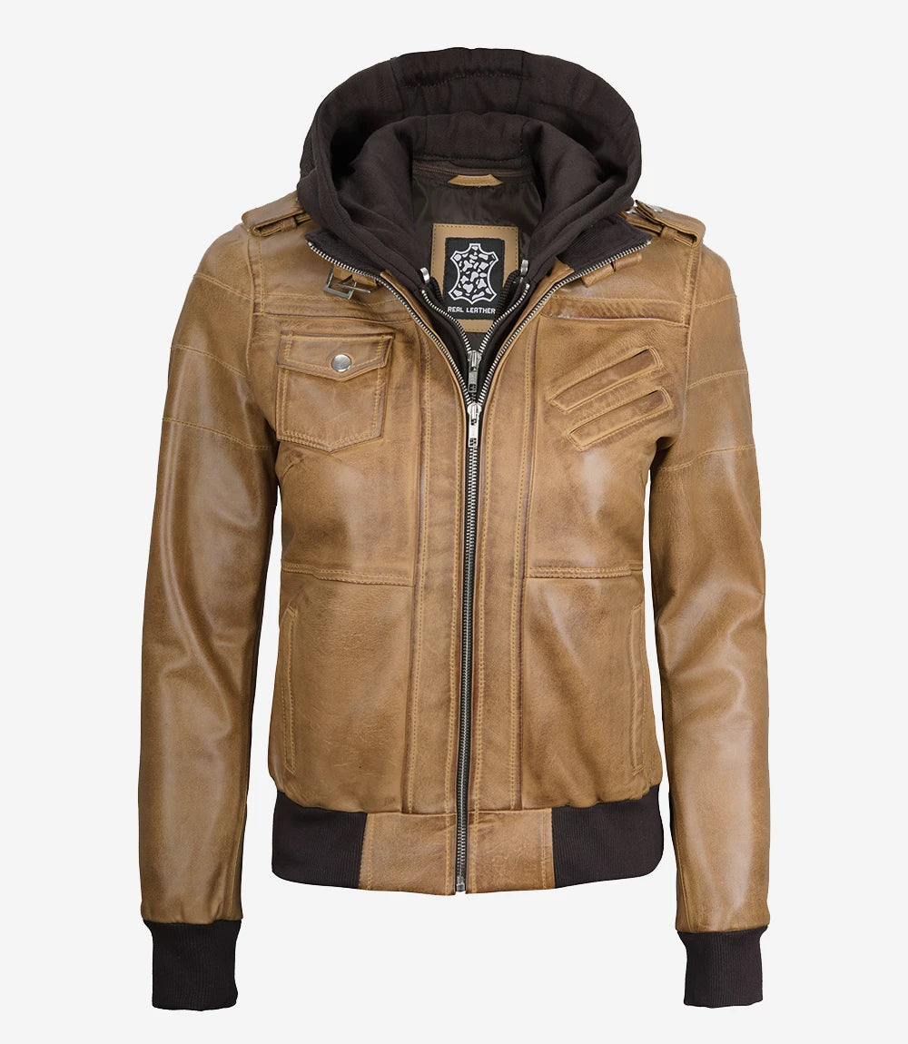 Womens Camel Brown Hooded Bomber Leather Jacket
