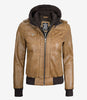 Womens Camel Brown Hooded Bomber Leather Jacket