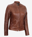 Womens Real Lambskin Leather Cognac Biker Jacket