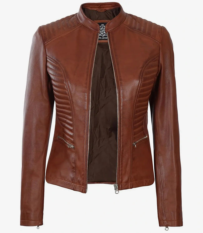 Womens Real Leather Cognac Biker Jacket