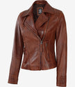 Cognac Asymmetrical Leather Biker Jacket Women