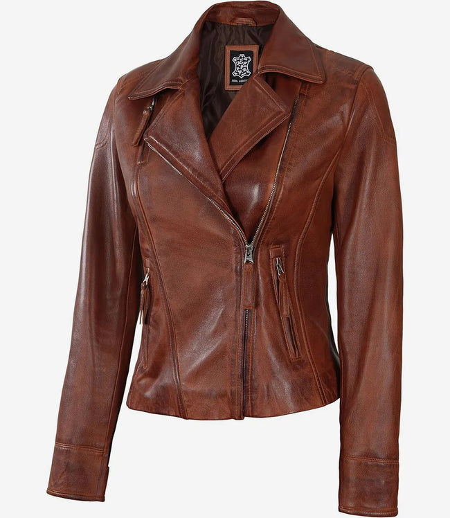 Cognac Asymmetrical Leather Biker Jacket Women